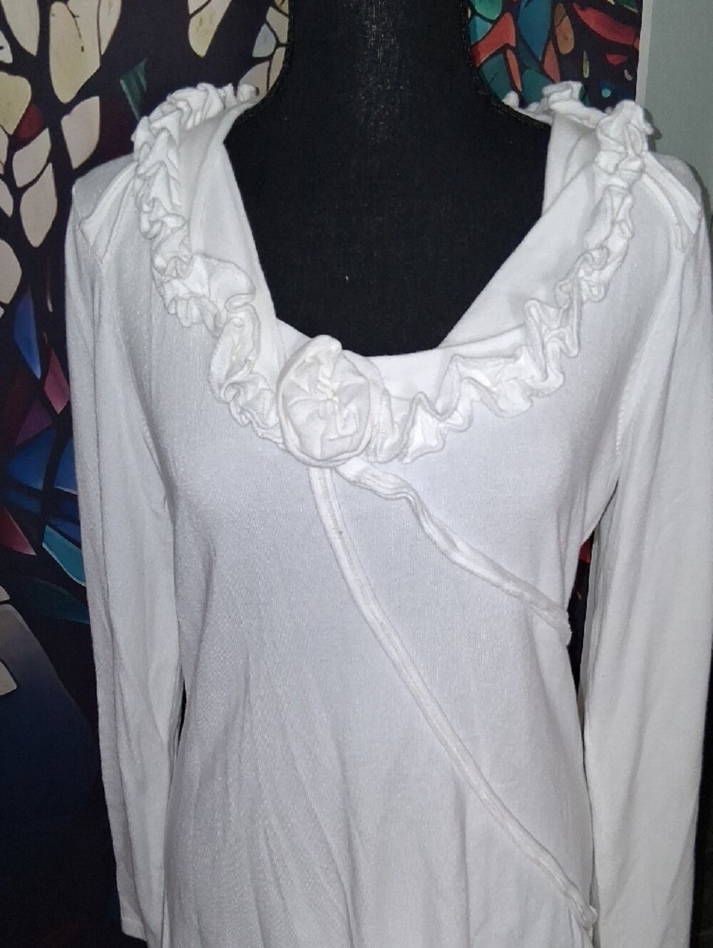 Tribal White Long Sleeve Ruffle-Trim Top - Picture 11 of 11